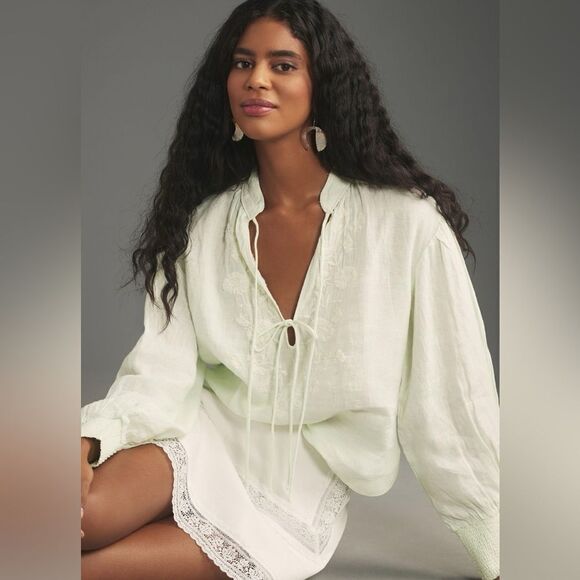 Anthropologie Linen Long Sleeve Embroidered Blouse NWT - Picture 1 of 13